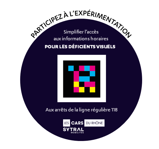 Vignette qui montre le QR Code NaviLens avec la mention &quot;Participez à l'expérimentation, Simplifier l'accès aux informations horaires pour les déficients visuels aux arrêts de la ligne régulière